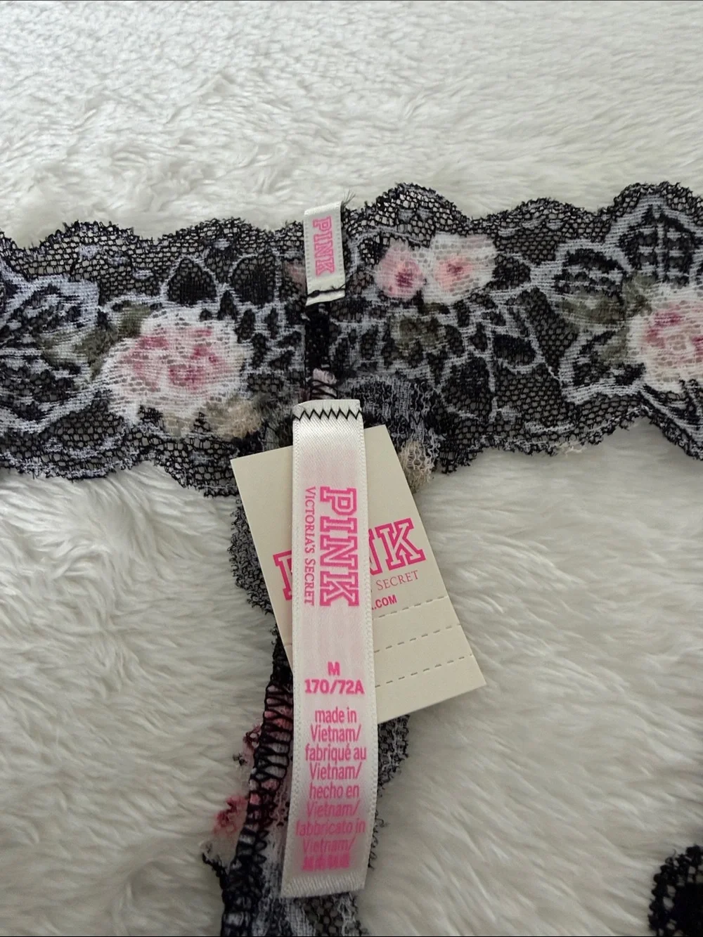 NWT Victoria’s Secret PINK Black Lace Thong with Pink Floral Print | Size M